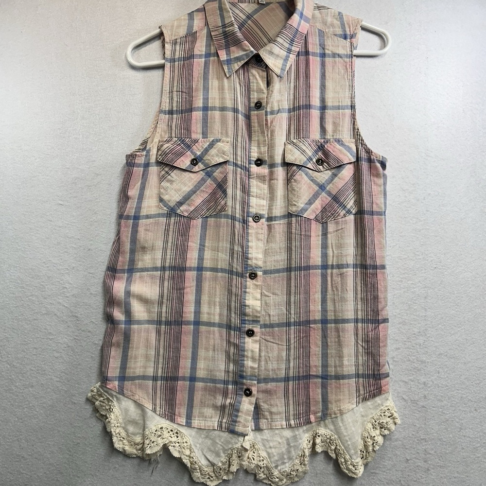 Jodifl Sleeveless Top Lace Bottom Western Plaid Button Medium Collared